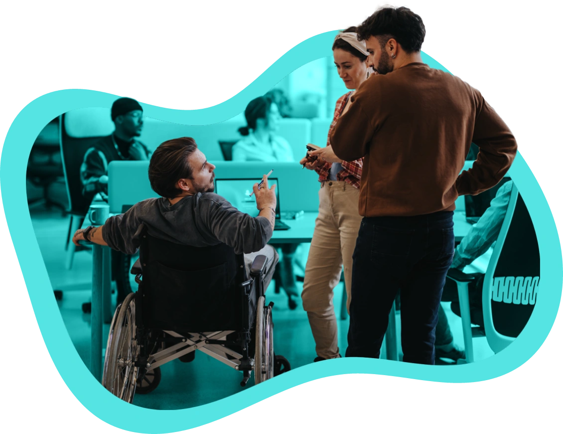Diverse professionals collaborating in a modern workspace